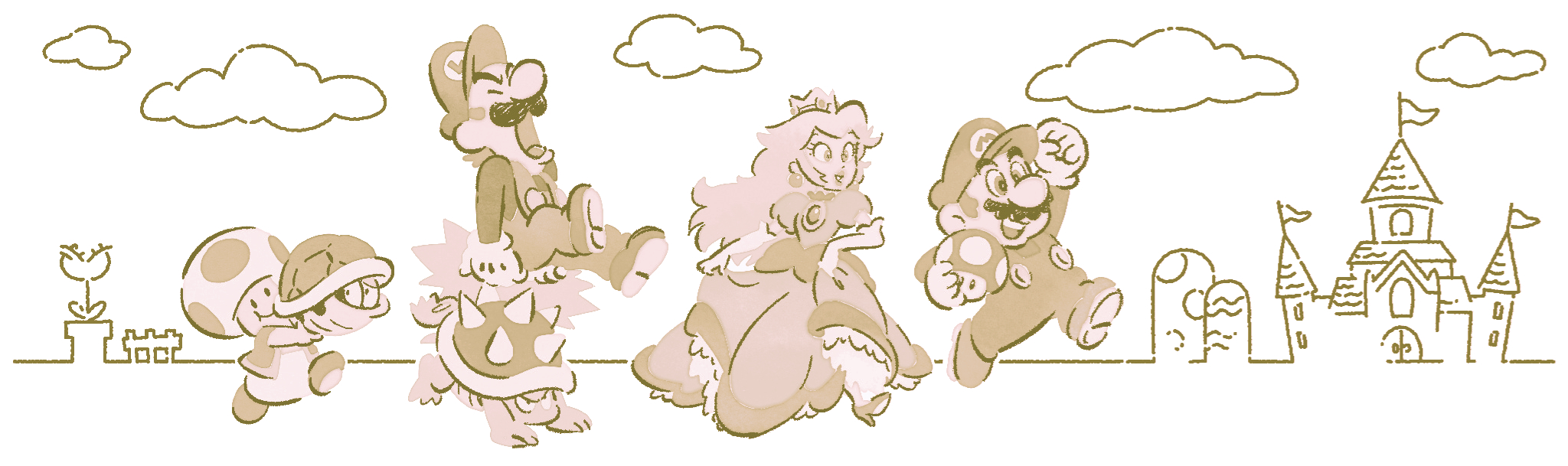 A sketch-style illustration of various Mario characters.