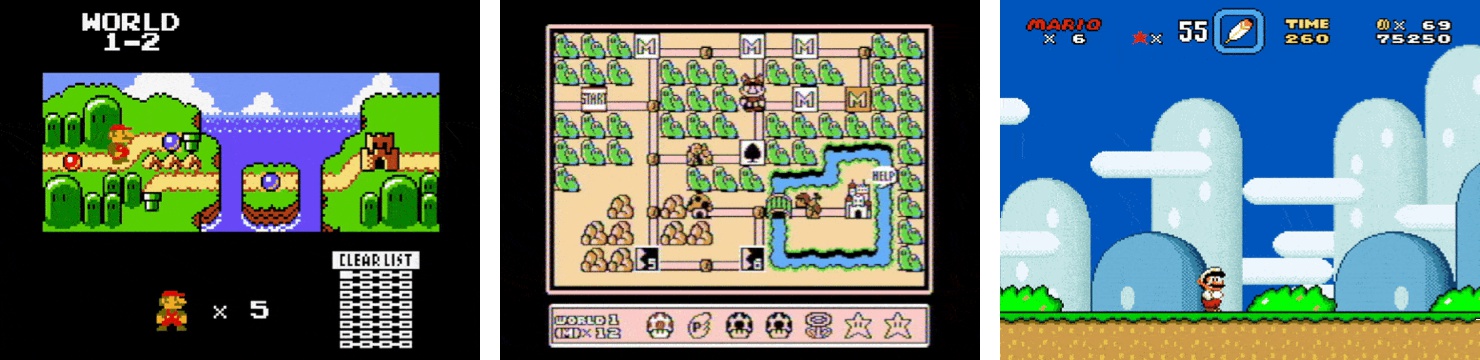 A picture of the World Map from Super Mario Bros. Deluxe, the Inventory in SMB3, and the Stored Item in SMW.