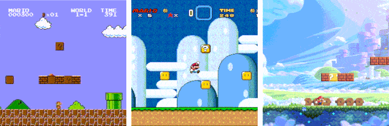 A gif of Mario obtaining a Super Mushrooms in Super Mario Bros., Super Mario World, and Super Mario Bros. Wonder.