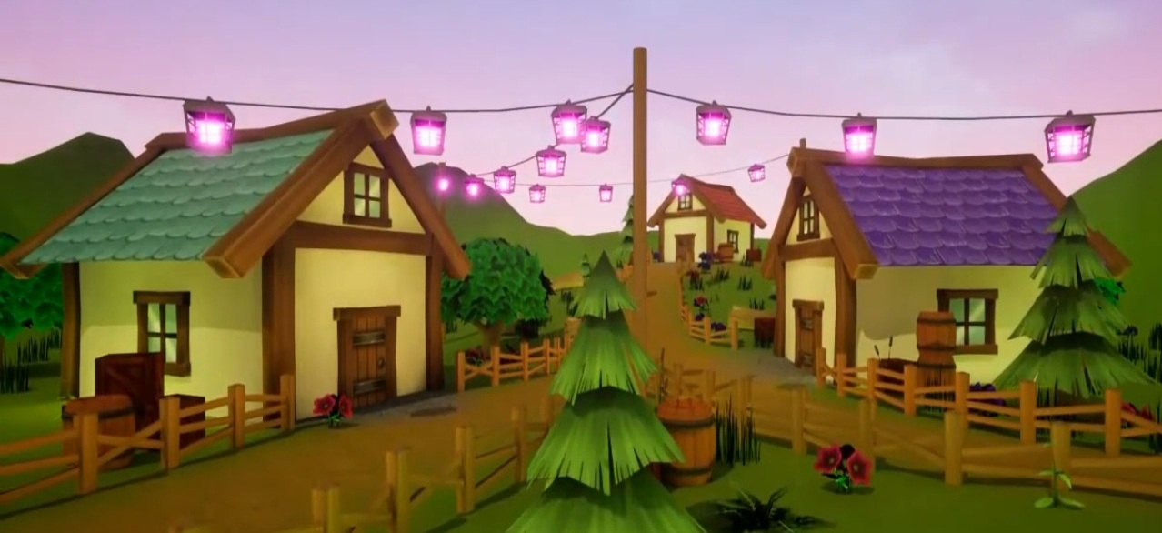 A 3D stylized forest village.